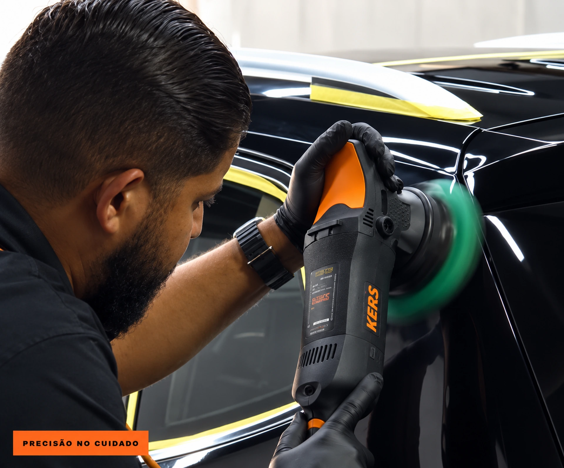 Profissional da Infinity realiza polimento na pintura de um carro preto